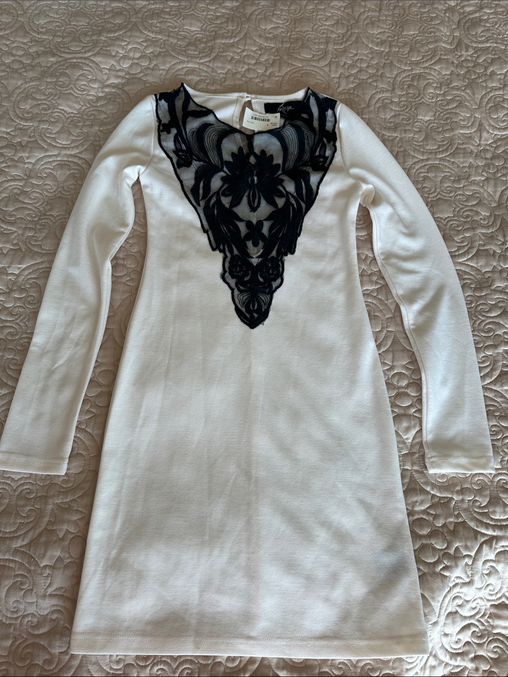 Nasty Gal White Mini Dress with Black Lace Appliqué